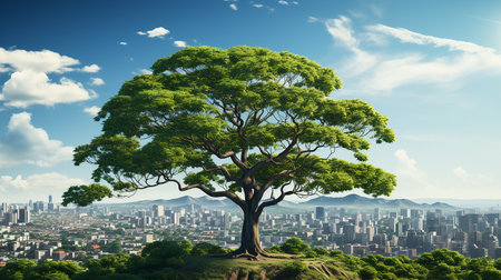 big tree in the middle of the scene, with city background AI generativeの素材