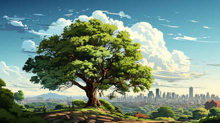 big tree in the middle of the scene, with city background AI generativeの素材