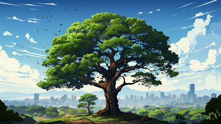 big tree in the middle of the scene, with city background AI generativeの素材