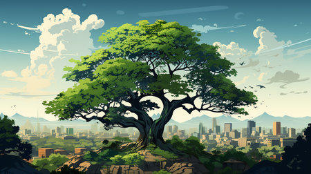 big tree in the middle of the scene, with city background AI generativeの素材