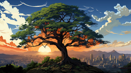 big tree in the middle of the scene, with city background AI generativeの素材