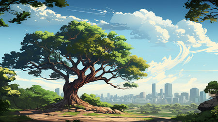 big tree in the middle of the scene, with city background AI generativeの素材