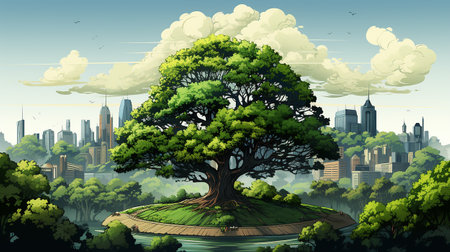 big tree in the middle of the scene, with city background AI generativeの素材