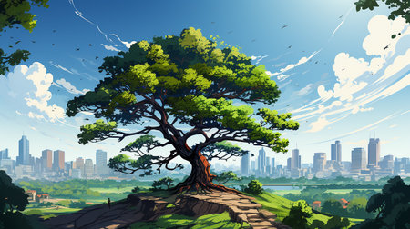 big tree in the middle of the scene, with city background AI generativeの素材