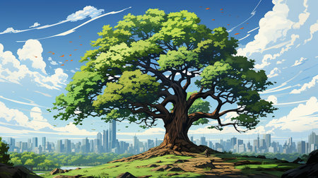 big tree in the middle of the scene, with city background AI generativeの素材