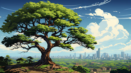 big tree in the middle of the scene, with city background AI generativeの素材