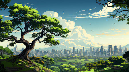 big tree in the middle of the scene, with city background AI generativeの素材