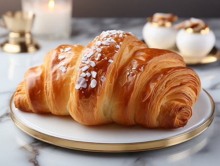 photography of french croissant on the white marble table AI generatedの素材
