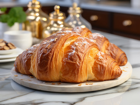 photography of french croissant on the white marble table AI generatedの素材