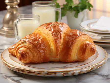 photography of french croissant on the white marble table AI generatedの素材