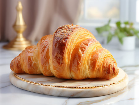photography of french croissant on the white marble table AI generatedの素材