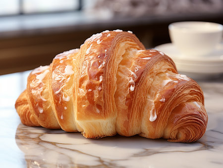 photography of french croissant on the white marble table AI generatedの素材