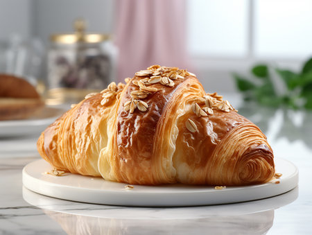 photography of french croissant on the white marble table AI generatedの素材