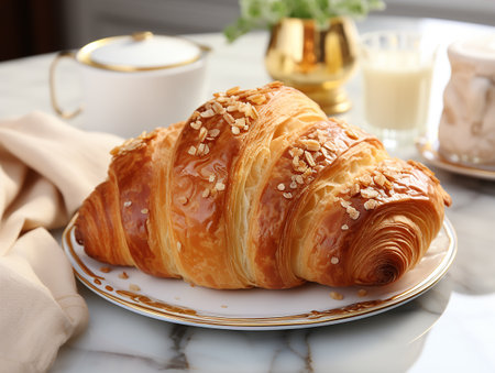 photography of french croissant on the white marble table AI generatedの素材