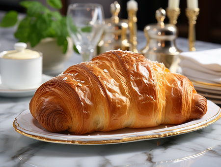 photography of french croissant on the white marble table AI generatedの素材