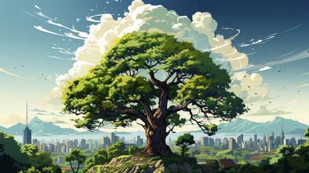 big tree in the middle of the scene, with city background AI generativeの素材