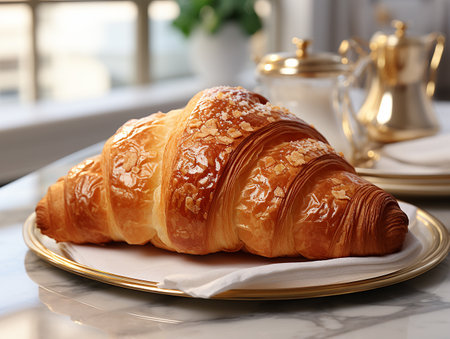 photography of french croissant on the white marble table AI generatedの素材