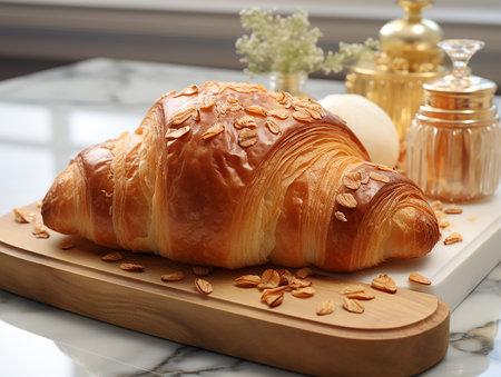 photography of french croissant on the white marble table AI generatedの素材