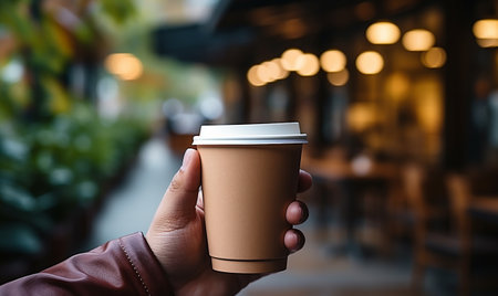hand holding paper coffee cup generated by AIの素材