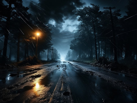 highway road in the night with heavy rain and lightning AI generativeの素材