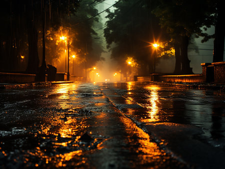 highway road in the night with heavy rain and lightning AI generativeの素材