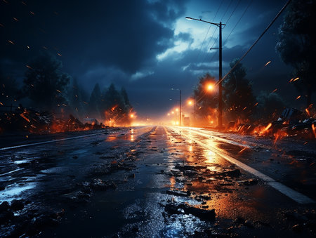 highway road in the night with heavy rain and lightning AI generativeの素材