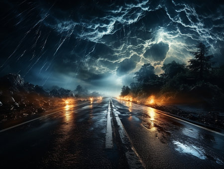 highway road in the night with heavy rain and lightning AI generative