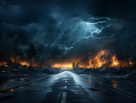 highway road in the night with heavy rain and lightning AI generativeの素材