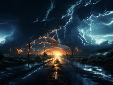 highway road in the night with heavy rain and lightning AI generativeの素材