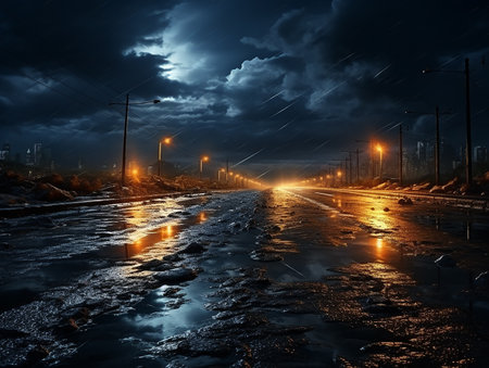 highway road in the night with heavy rain and lightning AI generativeの素材