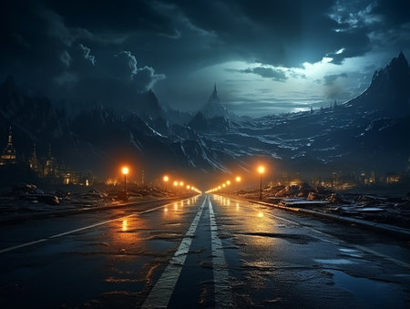 highway road in the night with heavy rain and lightning AI generativeの素材