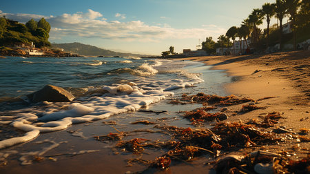 photo-realistic of dirty beach at afternoon with so much garbage AI generatedの素材