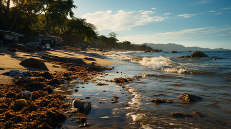photo-realistic of dirty beach at afternoon with so much garbage AI generatedの素材