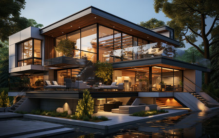 unique industrial architecture house in daylight, photo-realistic AI generativeの素材