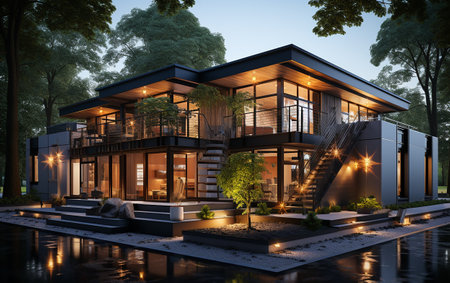 unique industrial architecture house in daylight, photo-realistic AI generativeの素材