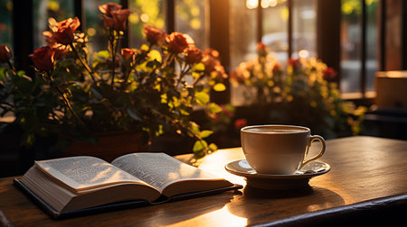 a cup of coffee with book and pen on the wooden table AI Generatedの素材