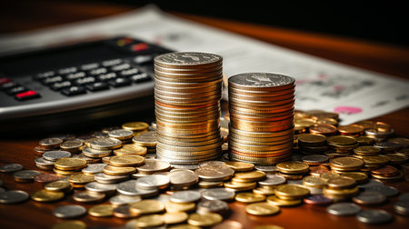 photo-realistic of calculator, money and paper with graphic chart on table AI Generativeの素材