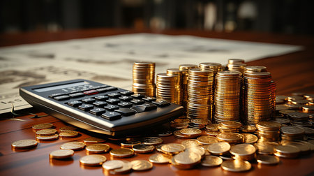 photo-realistic of calculator, money and paper with graphic chart on table AI Generativeの素材
