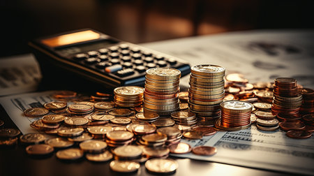 photo-realistic of calculator, money and paper with graphic chart on table AI Generativeの素材