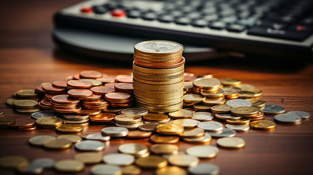 photo-realistic of calculator, money and paper with graphic chart on table AI Generativeの素材