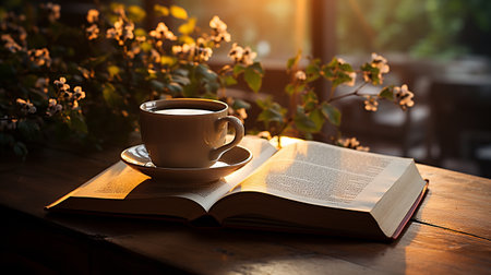 a cup of coffee with book and pen on the wooden table AI Generatedの素材