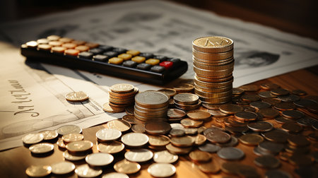 photo-realistic of calculator, money and paper with graphic chart on table AI Generativeの素材