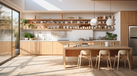 wooden kitchen house in afternoon AI generativeの素材