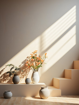 interior wall, gravel and stair interior scene with cream color tone AI generativeの素材