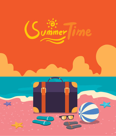 Summer holidays  illustration,flat design beach on the traveling bag and objects, conceptのイラスト素材