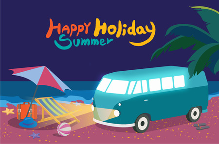 Summer holidays illustration,flat design night beach and bus , conceptのイラスト素材