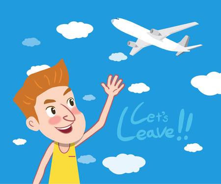 Summer holidays illustration,flat design airplane and leaving manのイラスト素材