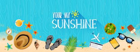 Summer holiday vacation concept, Wooden floor flat vector illustrationのイラスト素材