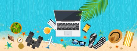 Summer holiday vacation concept, Wooden floor flat vector illustration