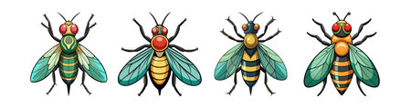 Set of colorful cartoon fly isolated on white background. Vector illustration.のイラスト素材